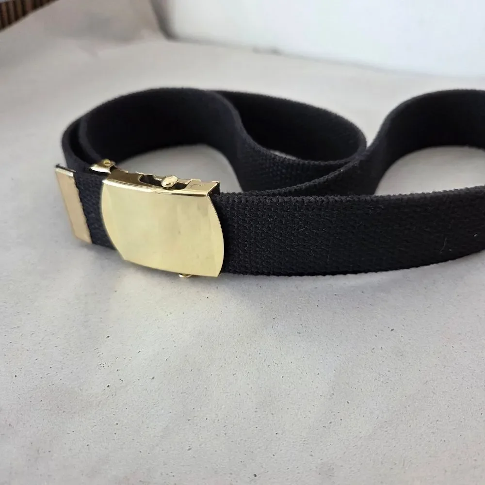 Navy Blue Ratchet Slide Belt Gold Hardware Fabric Adjustable Unisex Military